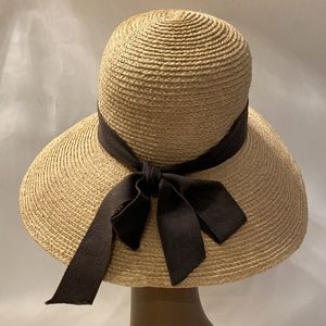 HELEN KAMINSKY 100% Rafia Sun Hat Wide Brim Black Ribbon Bow Trim Australia